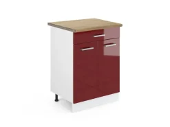 Pantryküchen<Vicco Küchenunterschrank R-Line Bordeaux Hochglanz/Weiß 60 cm mit Schublade AP Eiche Bordeaux-Glanz