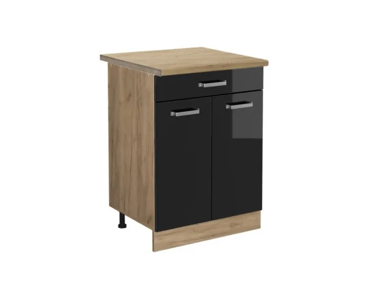 Pantryküchen<Vicco Küchenunterschrank R-Line Schwarz Hochglanz/Goldkraft Eiche 60 cm mit Schublade AP Eiche Schwarz Glänzend