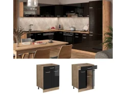 Pantryküchen<Vicco Küchenunterschrank R-Line Schwarz Hochglanz/Goldkraft Eiche 60 cm mit Schublade AP Eiche Schwarz Glänzend