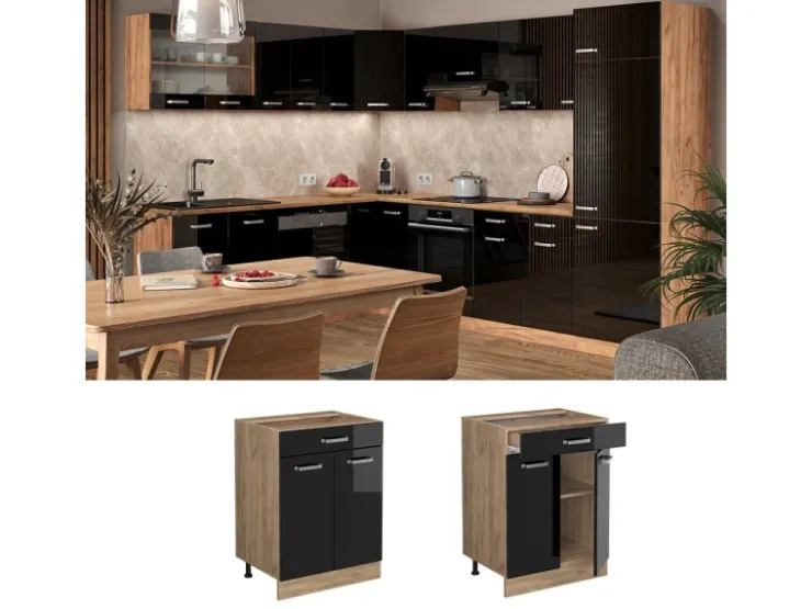 Pantryküchen<Vicco Küchenunterschrank R-Line Schwarz Hochglanz/Goldkraft Eiche 60 cm mit Schublade AP Eiche Schwarz Glänzend