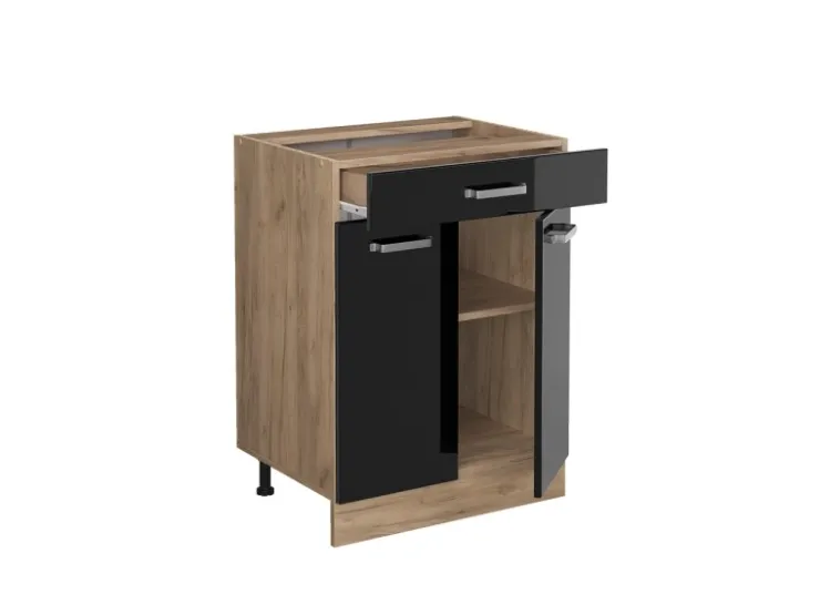 Pantryküchen<Vicco Küchenunterschrank R-Line Schwarz Hochglanz/Goldkraft Eiche 60 cm mit Schublade AP Eiche Schwarz Glänzend