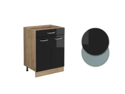 Pantryküchen<Vicco Küchenunterschrank R-Line Schwarz Hochglanz/Goldkraft Eiche 60 cm mit Schublade AP Eiche Schwarz Glänzend