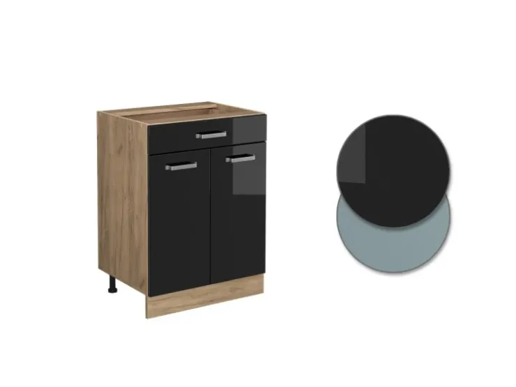 Pantryküchen<Vicco Küchenunterschrank R-Line Schwarz Hochglanz/Goldkraft Eiche 60 cm mit Schublade AP Eiche Schwarz Glänzend