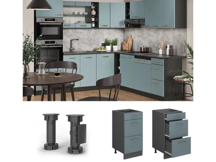 Sale Vicco Küchenunterschrank R-Line Blau-Grau/Anthrazit 40 cm mit Schubladen AP Eiche Blaugrau