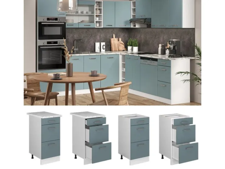 Single-Küchen|Küchenschränke<Vicco Küchenunterschrank R-Line Blau-Grau/Weiß 40 cm mit Schubladen ohne Arbeitsplatte Blaugrau
