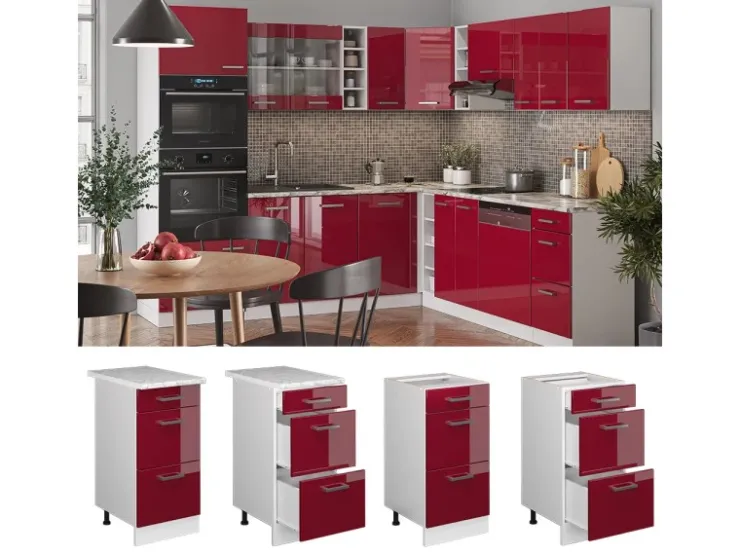 Sale Vicco Küchenunterschrank R-Line Bordeaux Hochglanz/Weiß 40 cm mit Schubladen ohne Arbeitsplatte Bordeaux-Glanz