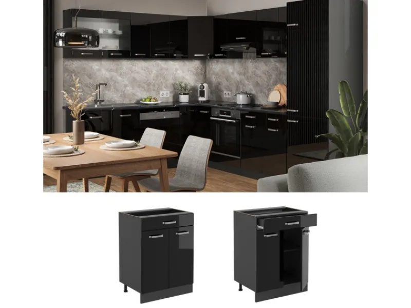 Vicco Küchenunterschrank R-Line Schwarz Hochglanz 60 cm mit Schublade ohne Arbeitsplatte mit Anthrazit Korpus Küchenschränke