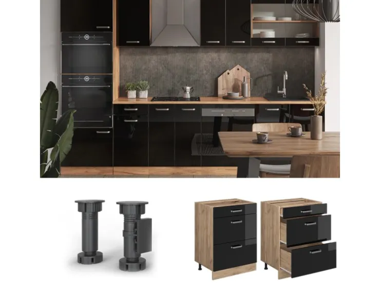 Online Vicco Küchenunterschrank R-Line Schwarz Hochglanz/Goldkraft Eiche 60 cm mit Schubladen ohne Arbeitsplatte Schwarz Glänzend