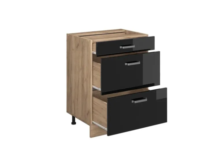 Online Vicco Küchenunterschrank R-Line Schwarz Hochglanz/Goldkraft Eiche 60 cm mit Schubladen ohne Arbeitsplatte Schwarz Glänzend