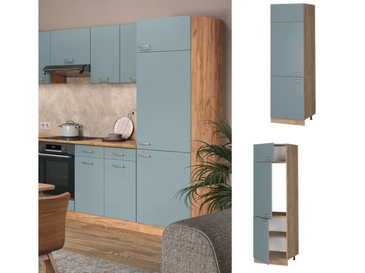 Discount Vicco Kühlumbauschrank R-Line Hochschrank für die Küche Blau-Grau/Goldkraft Eiche 60 cm Blaugrau