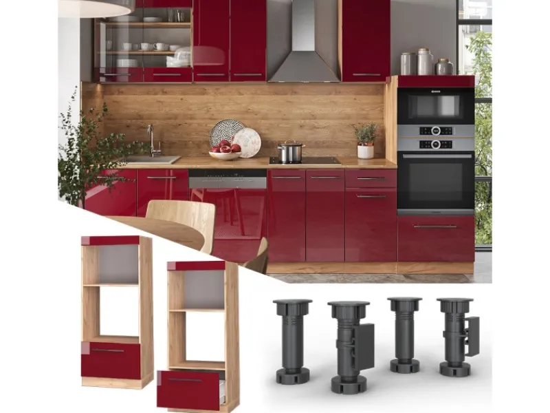 Vicco Mikrowellenschrank Fame-Line Bordeaux Hochglanz/Goldkraft Eiche 60 cm Offen Gefrierschränke|Kühlschränke