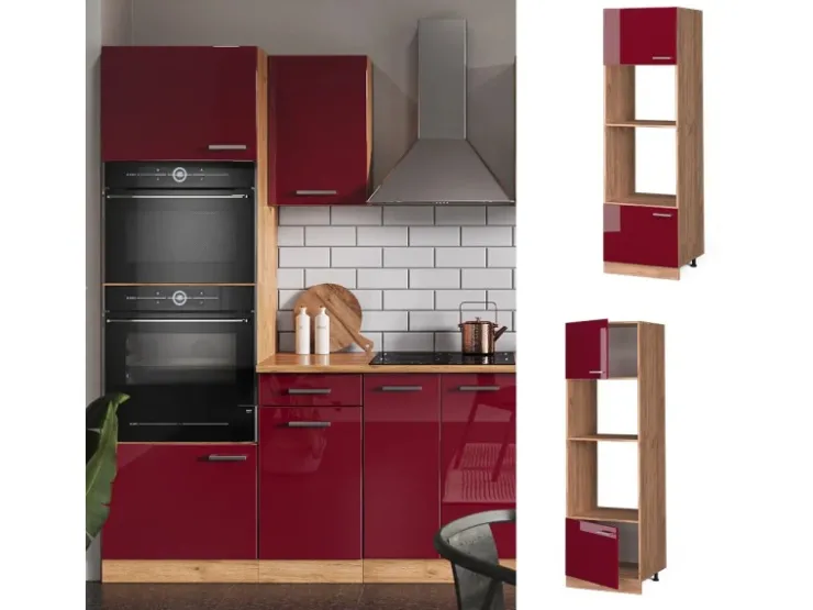 Einbauküchen<Vicco Mikrowellenschrank R-Line Bordeaux Hochglanz/Goldkraft Eiche 60 cm Bordeaux-Glanz