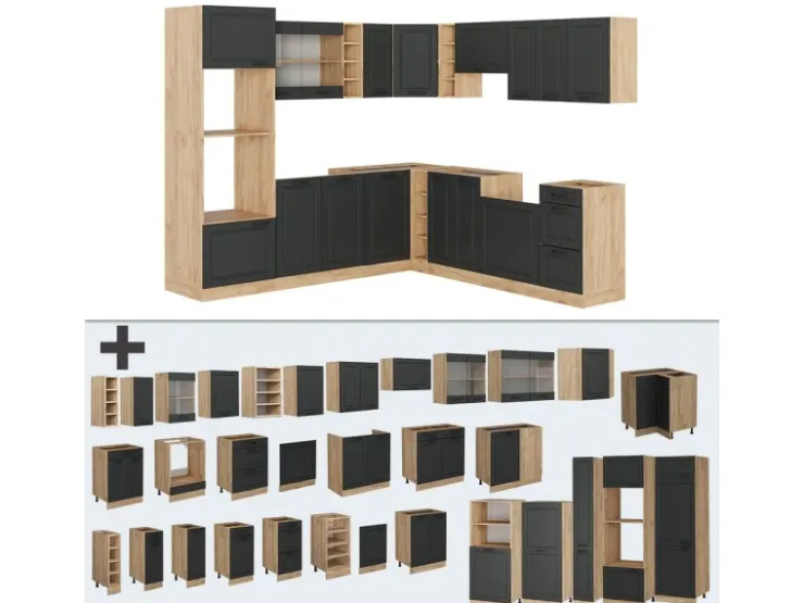 Winkelküchen<Vicco R-Line Eckküche Anthrazit Landhaus/Goldkraft Eiche 237 x 60 cm ohne Arbeitsplatte ohne E-Geräte Anthrazit Struktur