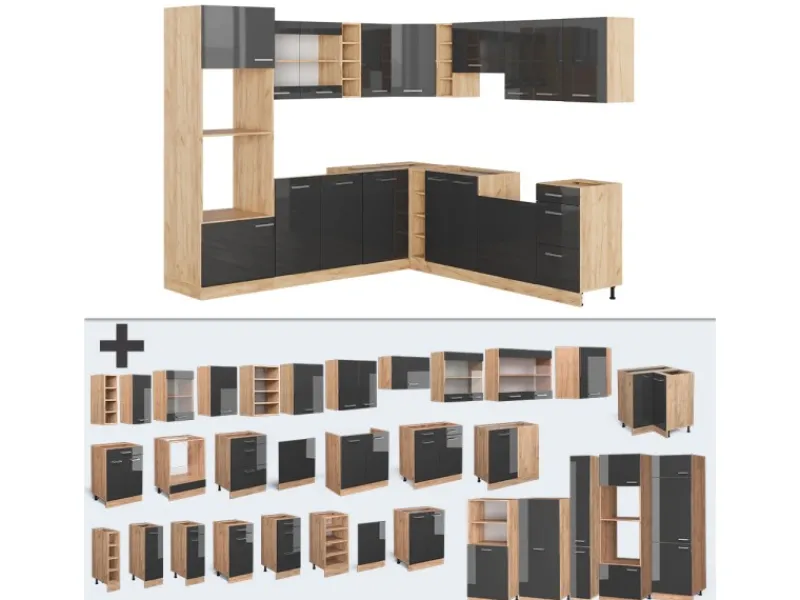 Discount Vicco R-Line Eckküche /Goldkraft Eiche 237 x 247 cm AP Anthrazit ohne E-Geräte Winkelküchen|Kücheninseln