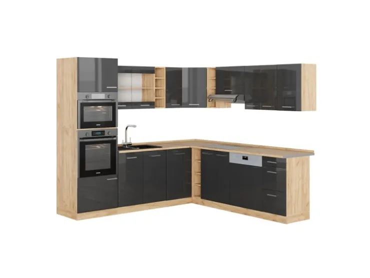 Clearance Vicco R-Line Eckküche /Goldkraft Eiche 237 x 247 cm AP Eiche ohne E-Geräte Anthrazit Hochglanz