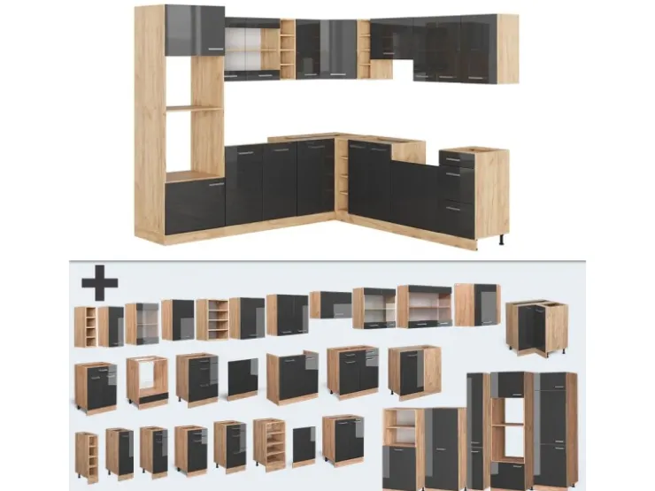 Clearance Vicco R-Line Eckküche /Goldkraft Eiche 237 x 247 cm AP Eiche ohne E-Geräte Anthrazit Hochglanz