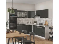 Küchenregale|Winkelküchen<Vicco R-Line Eckküche Anthrazit Landhaus/Weiß 237 x 60 cm ohne Arbeitsplatte ohne E-Geräte Anthrazit Struktur