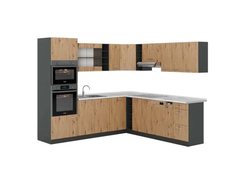 Vicco R-Line Eckküche Artisan Eiche/Anthrazit 237 x 247 cm AP Marmor ohne E-Geräte Winkelküchen|Kühlschränke