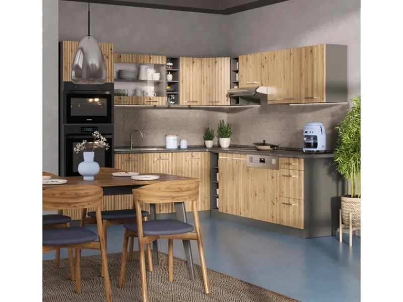 Vicco R-Line Eckküche Artisan Eiche/Anthrazit 237 x 247 cm AP Marmor ohne E-Geräte Winkelküchen|Kühlschränke