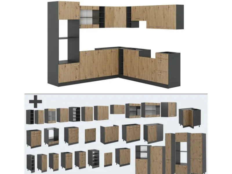 Vicco R-Line Eckküche Artisan Eiche/Anthrazit 237 x 247 cm AP Marmor ohne E-Geräte Winkelküchen|Kühlschränke