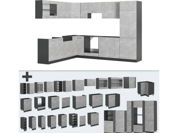 Winkelküchen|Kühlschränke<Vicco R-Line Eckküche /Anthrazit 227 x 287 cm AP Marmor ohne E-Geräte Beton