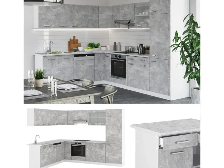 Einbauküchen|Winkelküchen<Vicco R-Line Eckküche Beton/Weiß 227 x 287 cm AP Eiche ohne E-Geräte Betongrau