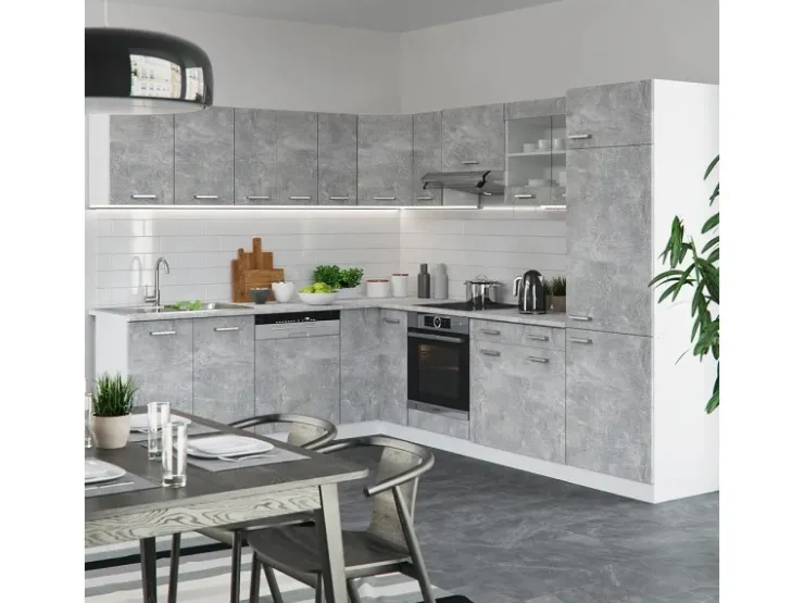 Einbauküchen|Winkelküchen<Vicco R-Line Eckküche Beton/Weiß 227 x 287 cm AP Eiche ohne E-Geräte Betongrau