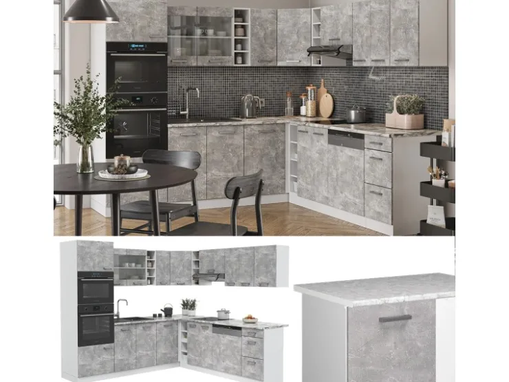 Winkelküchen|Kücheninseln<Vicco R-Line Eckküche Beton/Weiß 237 x 247 cm AP Anthrazit ohne E-Geräte Betongrau