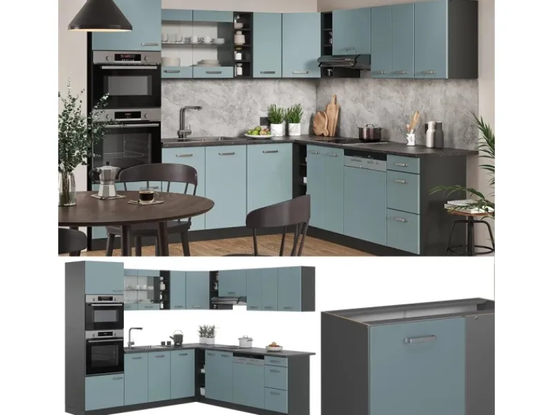Sale Vicco R-Line Eckküche Blau-Grau/Anthrazit 237 x 247 cm AP Anthrazit ohne E-Geräte Winkelküchen|Einbauküchen