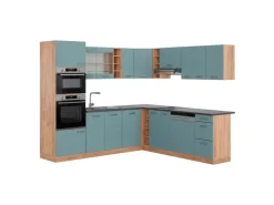 Vicco R-Line Eckküche Blau-Grau/Goldkraft Eiche 237 x 247 cm AP Anthrazit ohne E-Geräte Blaugrau