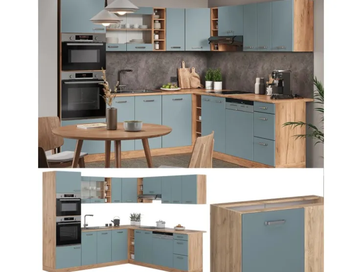 Vicco R-Line Eckküche Blau-Grau/Goldkraft Eiche 237 x 247 cm AP Anthrazit ohne E-Geräte Blaugrau