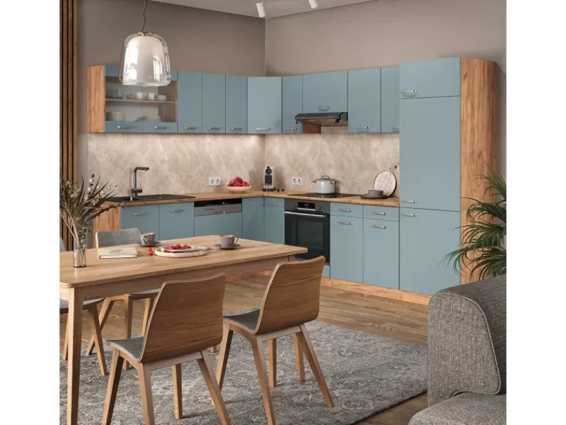 Clearance Vicco R-Line Eckküche Blau-Grau/Goldkraft Eiche 227 x 287 cm AP Anthrazit ohne E-Geräte Winkelküchen|Küchenschränke