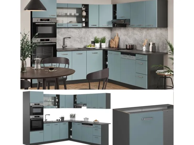 Discount Vicco R-Line Eckküche Blau-Grau/Anthrazit 237 x 247 cm AP Marmor ohne E-Geräte Blaugrau