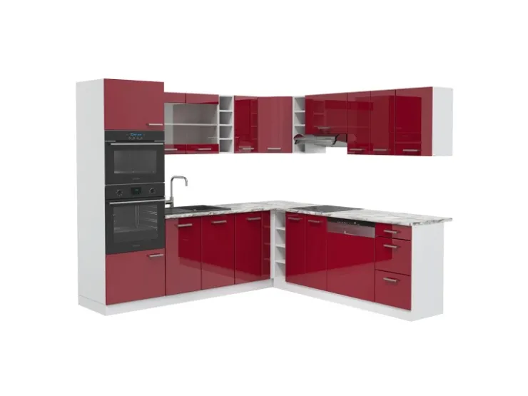 Best Vicco R-Line Eckküche Bordeaux Hochglanz/Weiß 237 x 60 cm AP Marmor ohne E-Geräte Brilliant Bordeaux