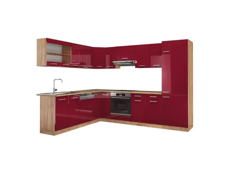 Discount Vicco R-Line Eckküche Bordeaux Hochglanz/Goldkraft Eiche 227 x 287 cm ohne Arbeitsplatte ohne E-Geräte Bordeaux-Glanz