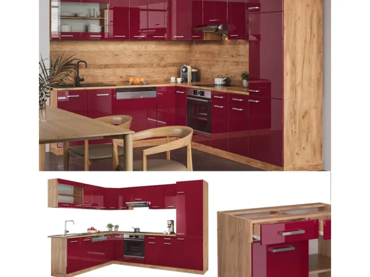 Discount Vicco R-Line Eckküche Bordeaux Hochglanz/Goldkraft Eiche 227 x 287 cm ohne Arbeitsplatte ohne E-Geräte Bordeaux-Glanz