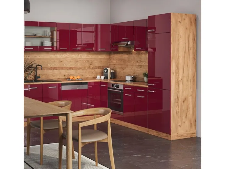 Discount Vicco R-Line Eckküche Bordeaux Hochglanz/Goldkraft Eiche 227 x 287 cm ohne Arbeitsplatte ohne E-Geräte Bordeaux-Glanz
