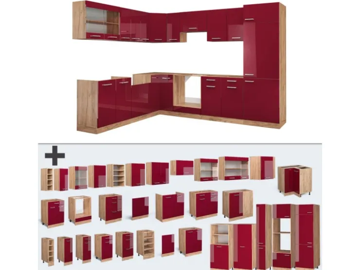 Discount Vicco R-Line Eckküche Bordeaux Hochglanz/Goldkraft Eiche 227 x 287 cm ohne Arbeitsplatte ohne E-Geräte Bordeaux-Glanz