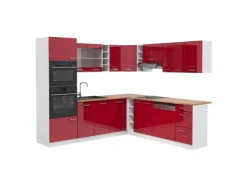 New Vicco R-Line Eckküche Bordeaux Hochglanz/Weiß 237 x 247 cm AP Eiche ohne E-Geräte Winkelküchen|Kühlschränke