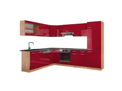 Best Vicco R-Line Eckküche Bordeaux Hochglanz/Goldkraft Eiche 227 x 287 cm AP Anthrazit ohne E-Geräte Bordeaux-Glanz
