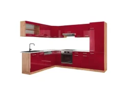 Winkelküchen<Vicco R-Line Eckküche Bordeaux Hochglanz/Goldkraft Eiche 227 x 287 cm AP Marmor ohne E-Geräte Bordeaux-Glanz