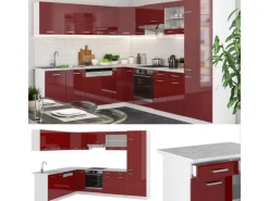 Vicco R-Line Eckküche Bordeaux Hochglanz/Weiß 227 x 287 cm AP Marmor ohne E-Geräte Zubehör Für Küchenarmatur|Einbauküchen