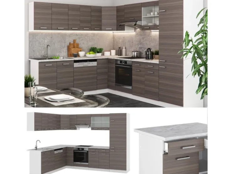 Winkelküchen<Vicco R-Line Eckküche /Weiß 227 x 287 cm ohne Arbeitsplatte ohne E-Geräte Edelgrau