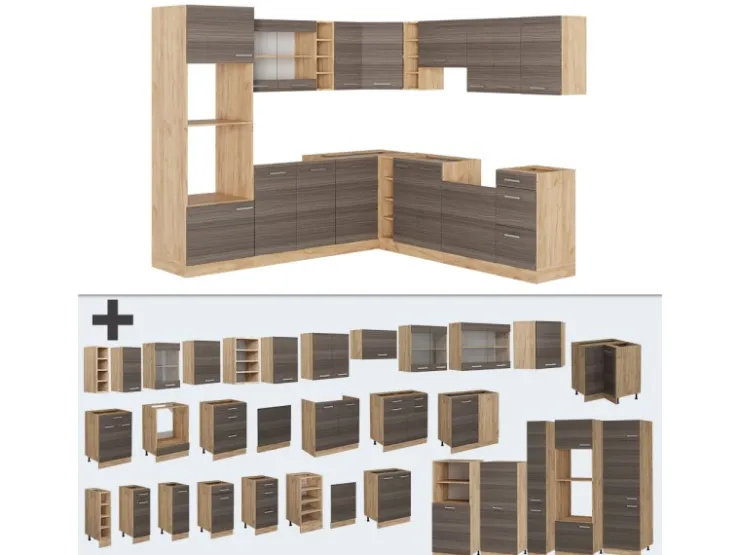 Sale Vicco R-Line Eckküche /Goldkraft Eiche 237 x 60 cm ohne Arbeitsplatte ohne E-Geräte Edelgrau