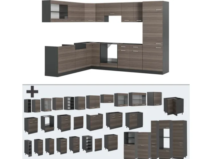 Winkelküchen|Herde<Vicco R-Line Eckküche /Anthrazit 227 x 287 cm ohne Arbeitsplatte ohne E-Geräte Edelgrau