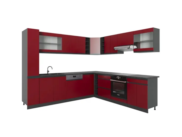 Winkelküchen<Vicco R-Line Eckküche 257 x 60 cm J-Shapeohne Arbeitsplatte ohne E-Geräte Rot