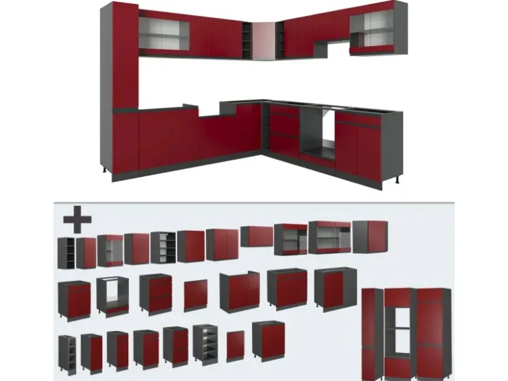 Winkelküchen<Vicco R-Line Eckküche 257 x 60 cm J-Shapeohne Arbeitsplatte ohne E-Geräte Rot
