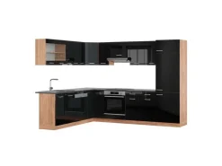 Winkelküchen<Vicco R-Line Eckküche /Goldkraft Eiche 227 x 287 cm AP Anthrazit ohne E-Geräte Schwarz Hochglanz
