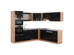 Winkelküchen|Einbauküchen<Vicco R-Line Eckküche /Goldkraft Eiche 237 x 247 cm AP Marmor ohne E-Geräte Schwarz Hochglanz