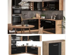 Winkelküchen|Einbauküchen<Vicco R-Line Eckküche /Goldkraft Eiche 237 x 247 cm AP Marmor ohne E-Geräte Schwarz Hochglanz
